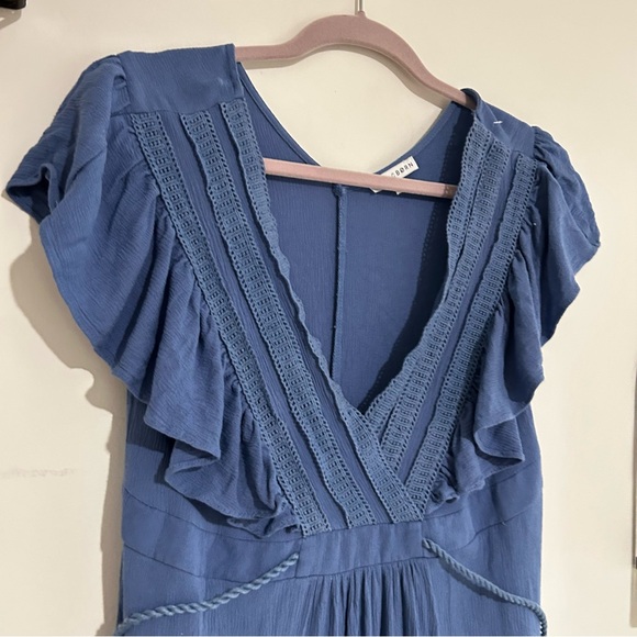 Baltic Born Blue V Neck Flutter Ruffle Short Sleeve Side Slit Midi Maxi Dress Lg - Picture 4 of 8